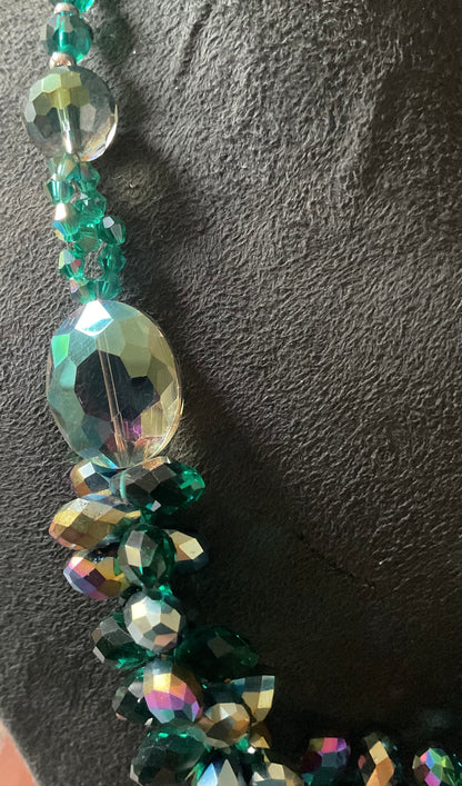 Butler and Wilson Green Crystal necklace with magnetic clasp 52cm various shape aurora borealis coating