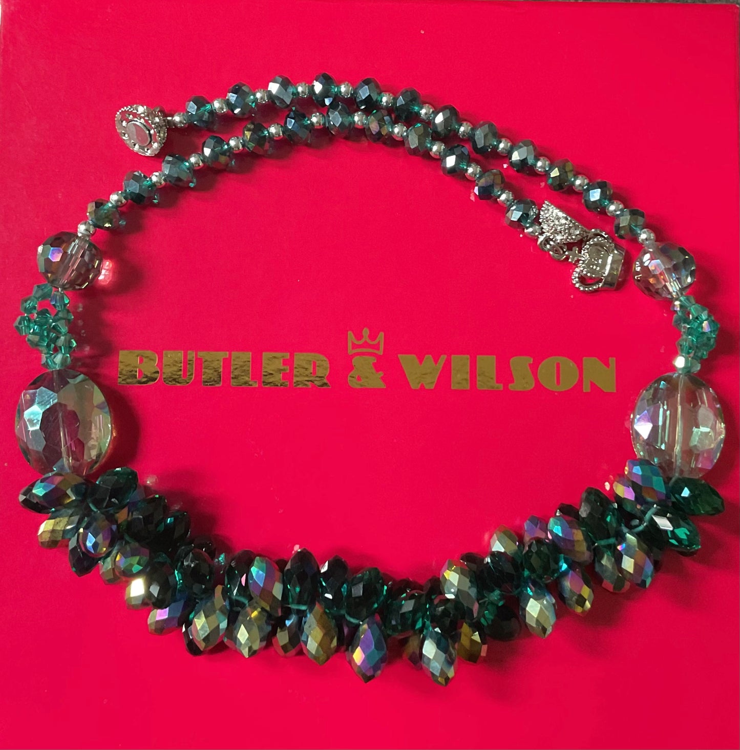 Butler and Wilson Green Crystal necklace with magnetic clasp 52cm various shape aurora borealis coating