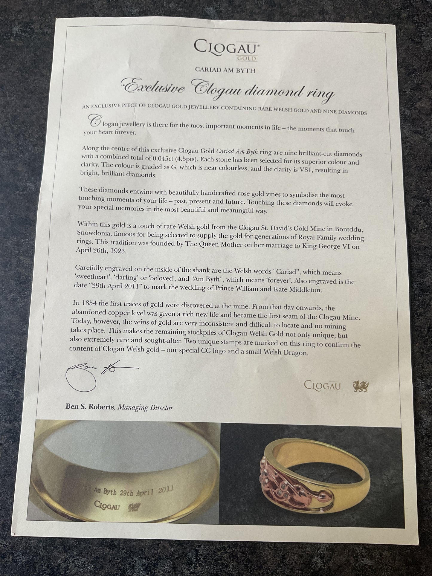 Clogau 9ct Cariad Am Byth Diamond ring to mark wedding of Prince William & Kate Middleton size K with certificate
