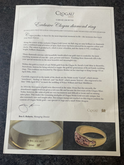 Clogau 9ct Cariad Am Byth Diamond ring to mark wedding of Prince William & Kate Middleton size K with certificate