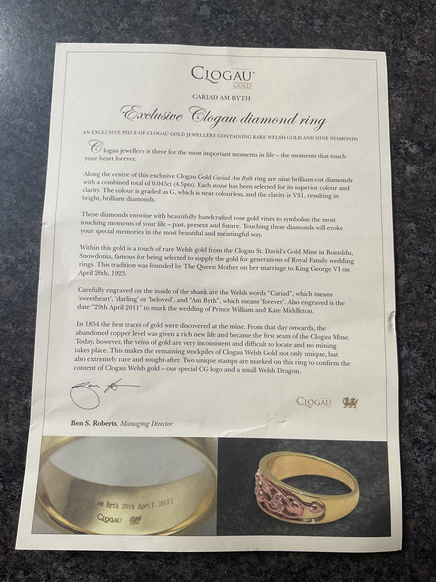 Clogau 9ct Diamond Cariad Am Byth William and Kate Wedding ring size K 4.57g