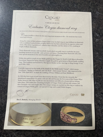 Clogau 9ct Diamond Cariad Am Byth William and Kate Wedding ring size K 4.57g
