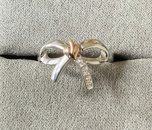 Clogau Tree of Life Diamond Bow ring size L silver & rose gold 2.34g