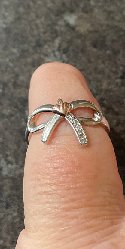 Clogau Tree of Life Diamond Bow ring size L silver & rose gold 2.34g