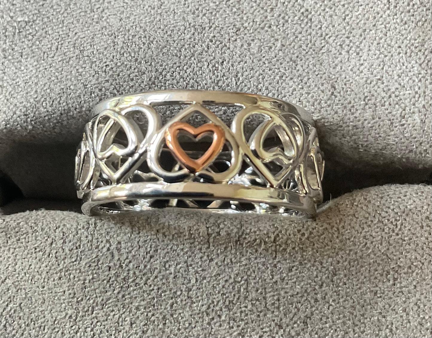 Clogau Celtic Hearts wide band ring in silver and rose gold size T
