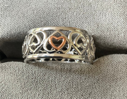 Clogau Celtic Hearts wide band ring in silver and rose gold size T