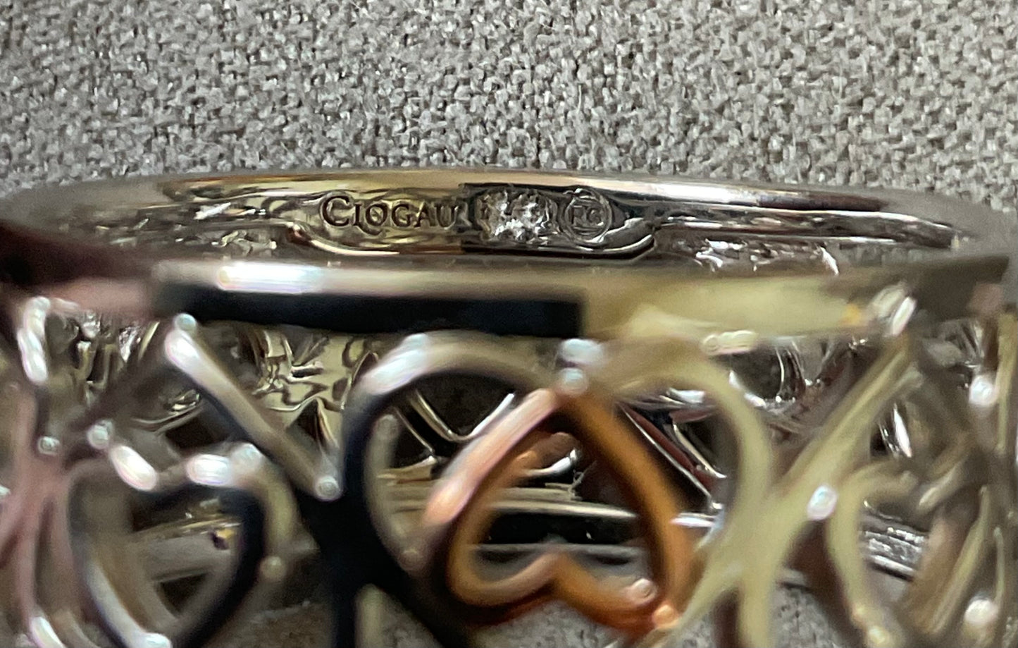 Clogau Celtic Hearts wide band ring in silver and rose gold size T