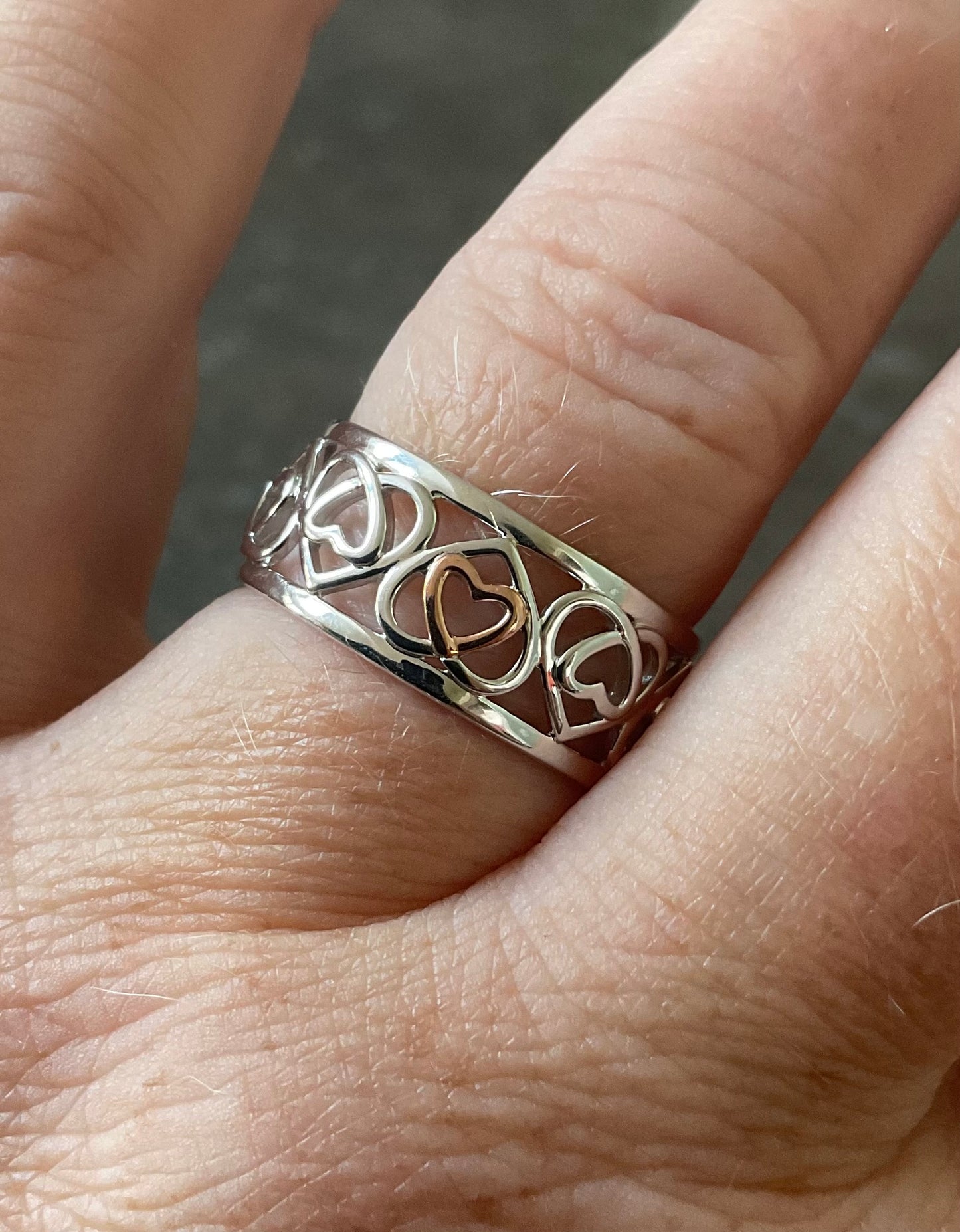Clogau Celtic Hearts wide band ring in silver and rose gold size T