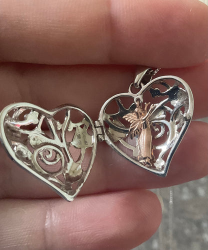 Clogau Tree of Life Fairy Heart Locket necklace in silver and rose gold 18”