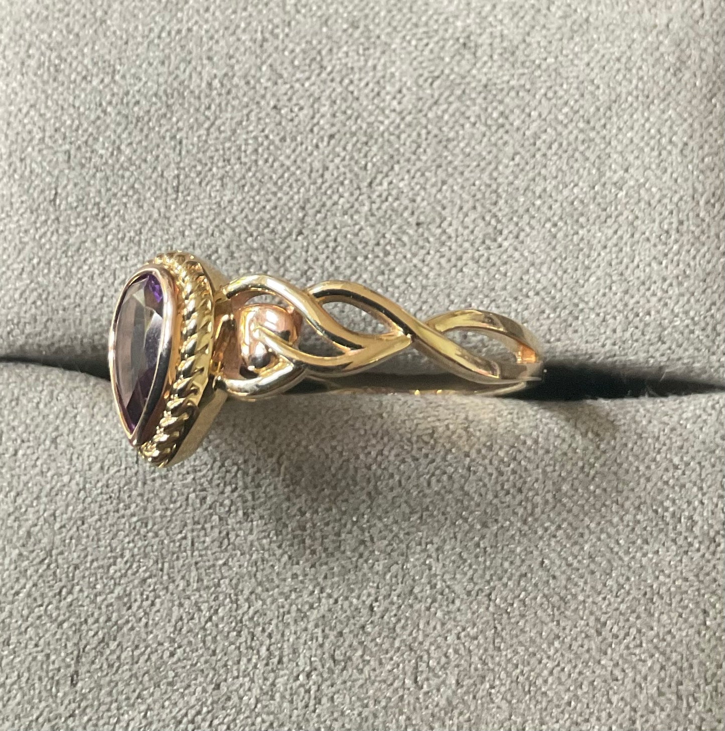 Royal Clogau 9ct Delphinium Amethyst ring size T in yellow and rose gold RRP £600