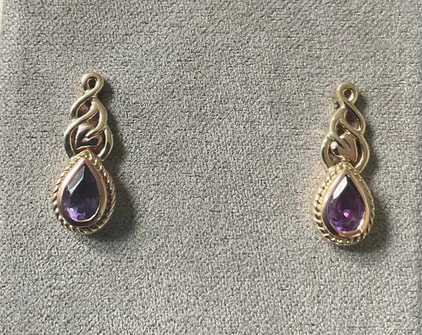 Royal Clogau 9ct Delphinium Amethyst stud earrings in yellow and rose gold RRP £500