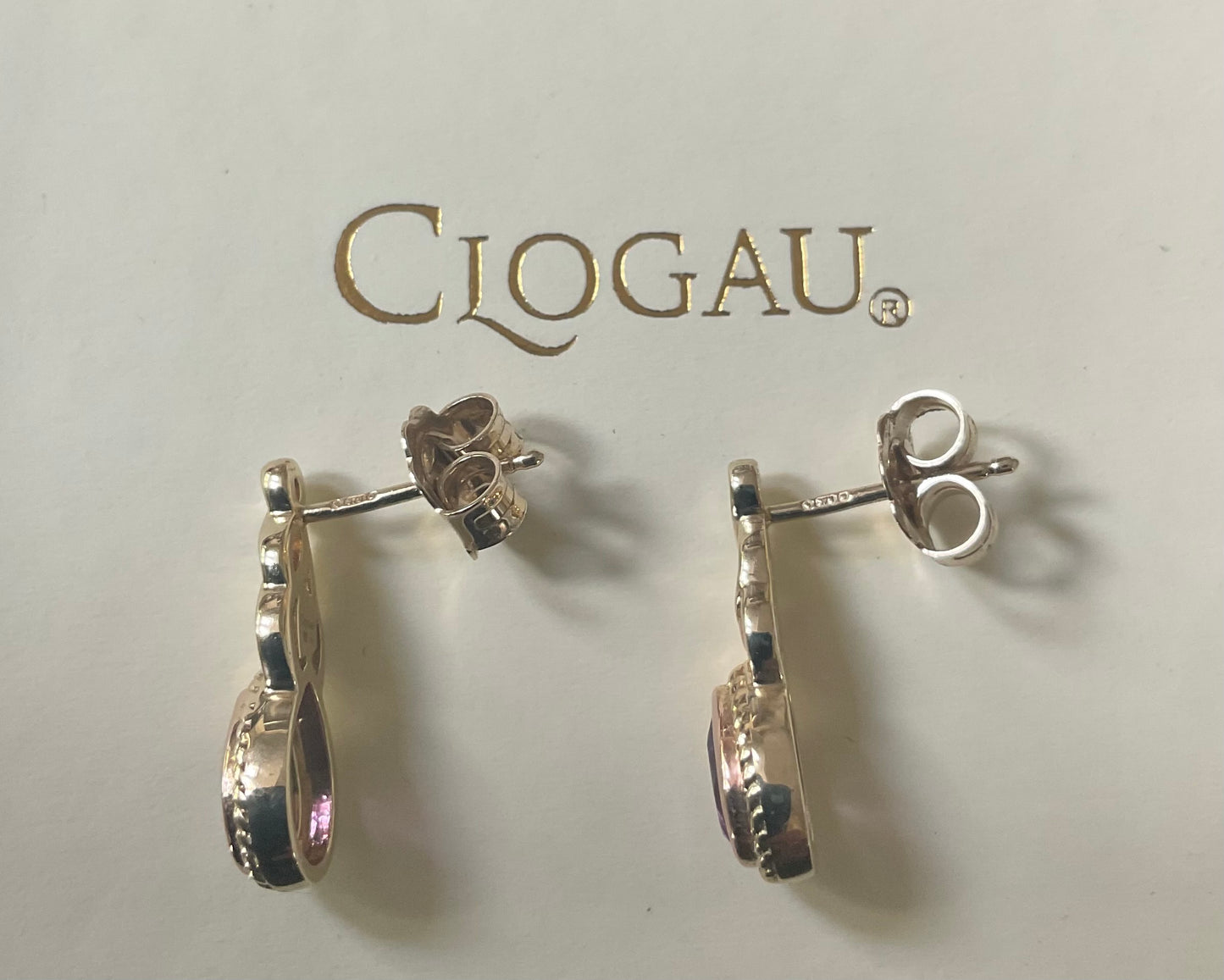 Royal Clogau 9ct Delphinium Amethyst stud earrings in yellow and rose gold RRP £500