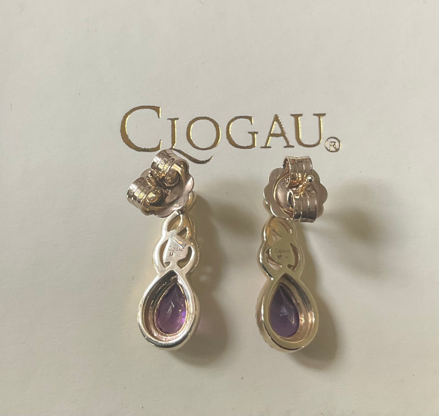 Royal Clogau 9ct Delphinium Amethyst stud earrings in yellow and rose gold RRP £500