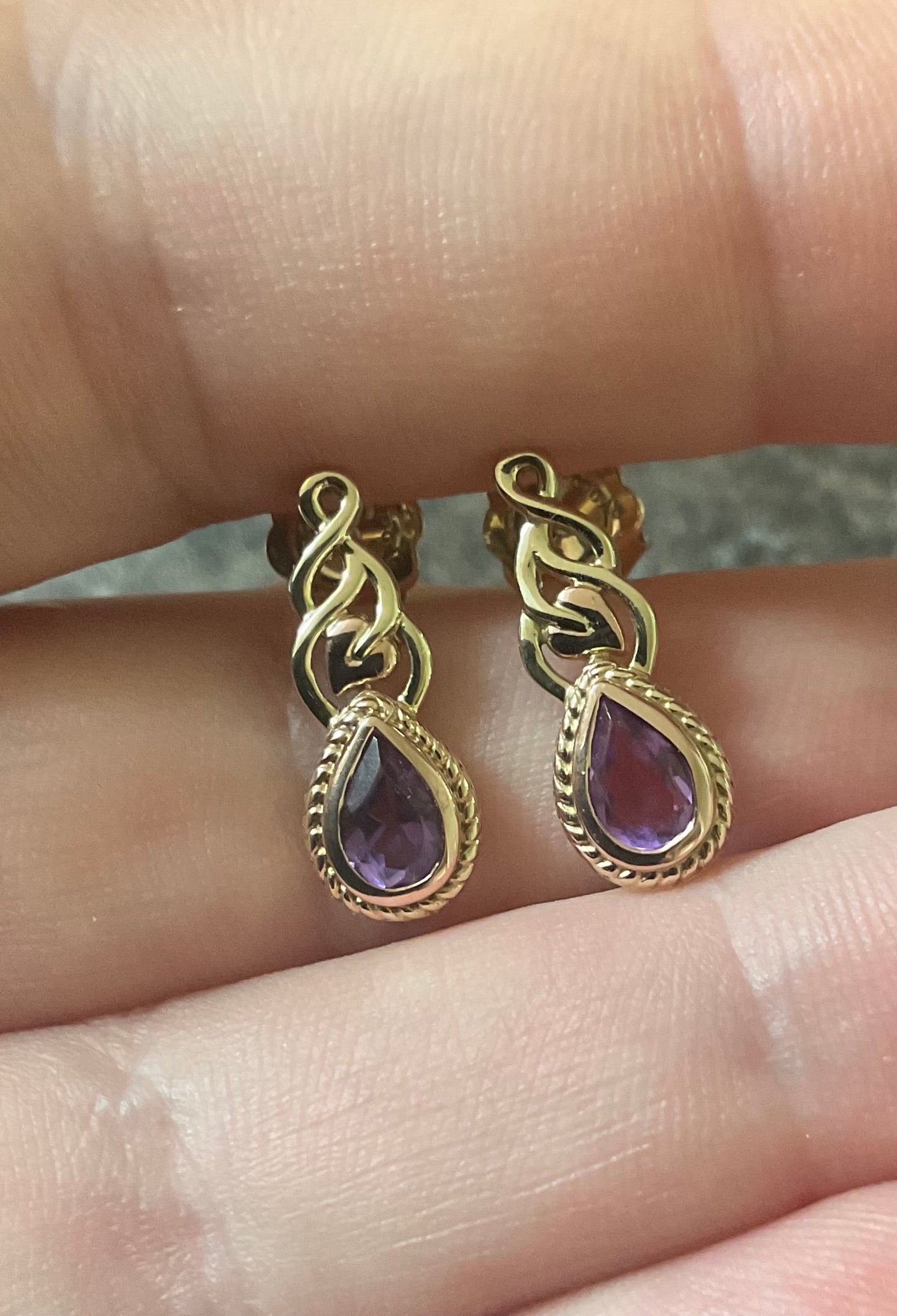 Royal Clogau 9ct Delphinium Amethyst stud earrings in yellow and rose gold RRP £500