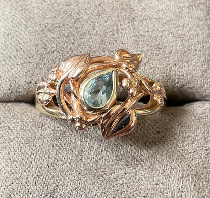 Vintage Clogau 9ct Tree of life Aquamarine Birthstone ring size P1/2 in yellow and rose gold 4.13g