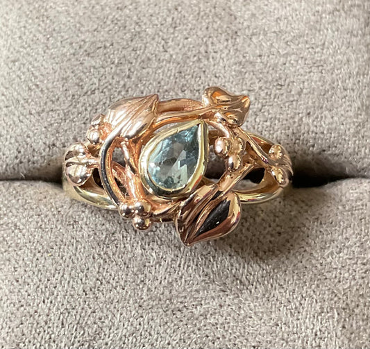 Vintage Clogau 9ct Tree of life Aquamarine Birthstone ring size P1/2 in yellow and rose gold 4.13g