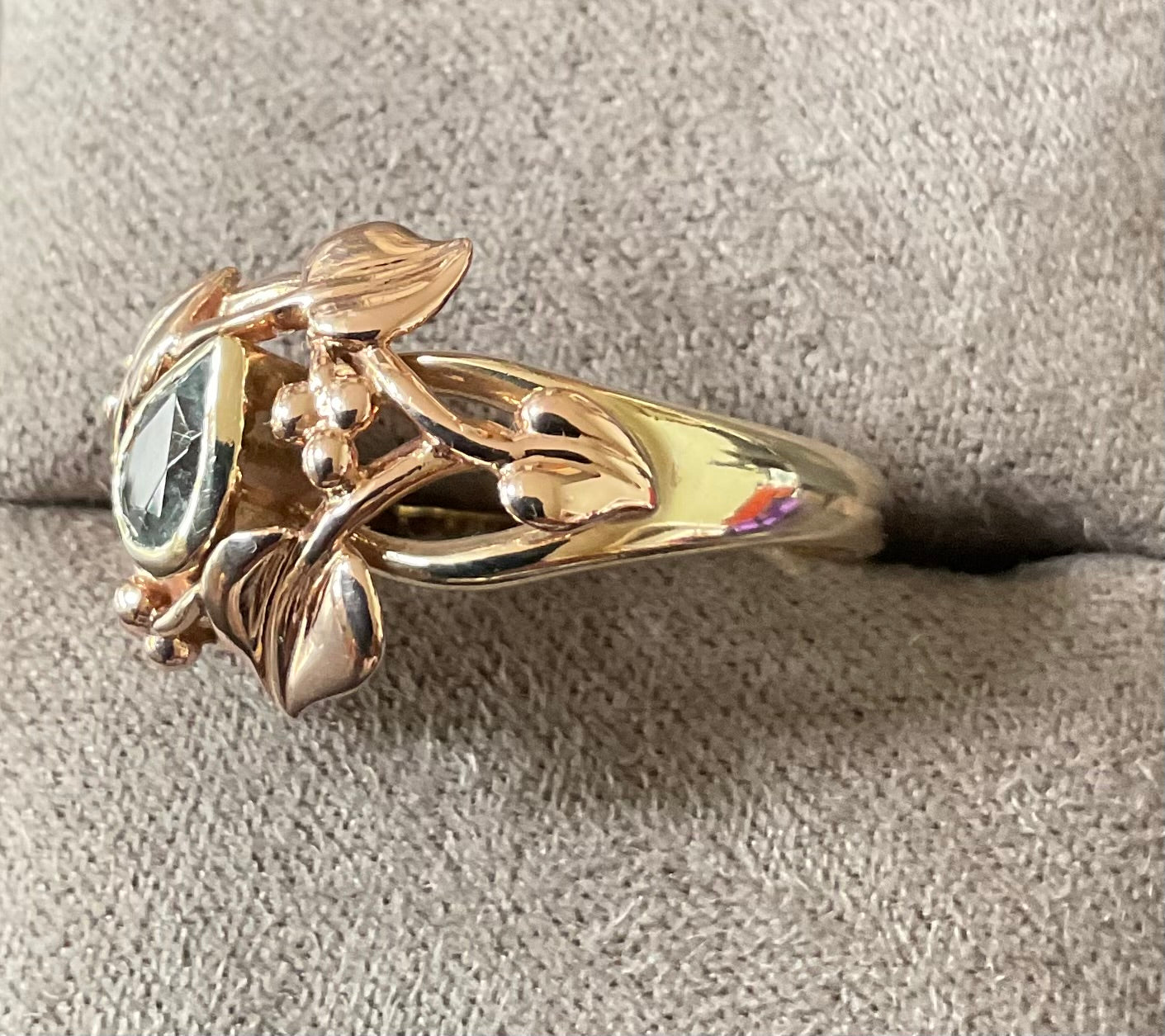 Vintage Clogau 9ct Tree of life Aquamarine Birthstone ring size P1/2 in yellow and rose gold 4.13g