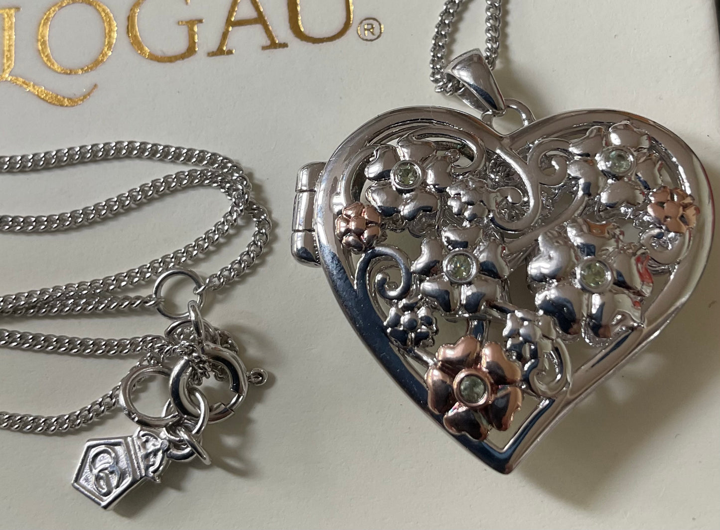 Clogau Peridot Flower Fairy Large Heart Locket pendant necklace in silver and rose gold 18-22” Rare!