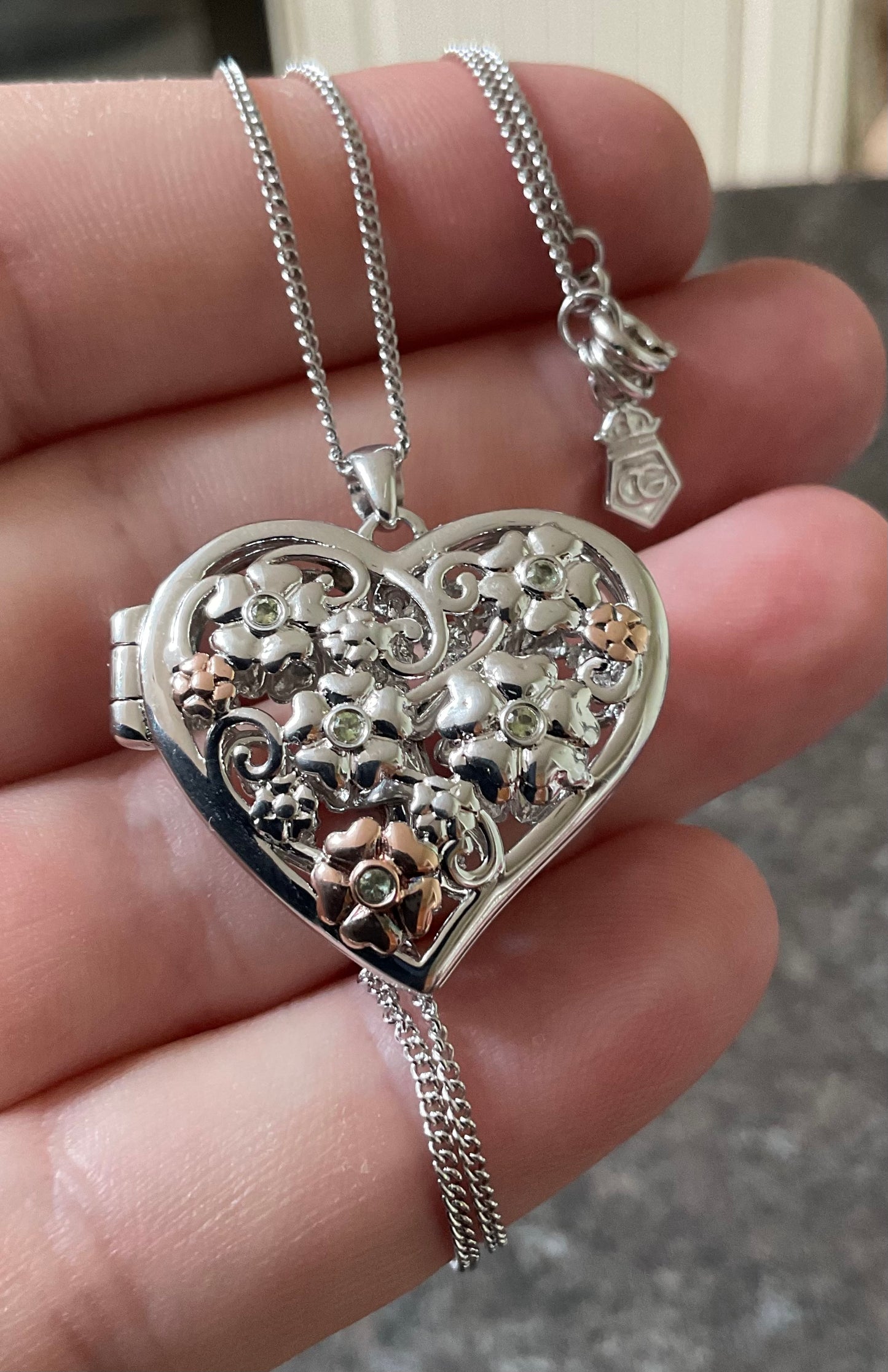 Clogau Peridot Flower Fairy Large Heart Locket pendant necklace in silver and rose gold 18-22” Rare!