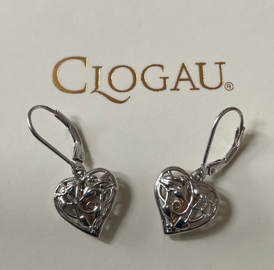 Clogau Tree of Life Fairy Heart drop earrings in silver and rose gold lever back