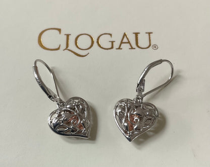Clogau Tree of Life Fairy Heart drop earrings in silver and rose gold lever back