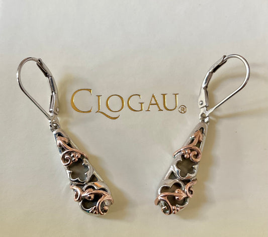Clogau Tudor Court Black Mother of Pearl drop earrings in silver and rose gold