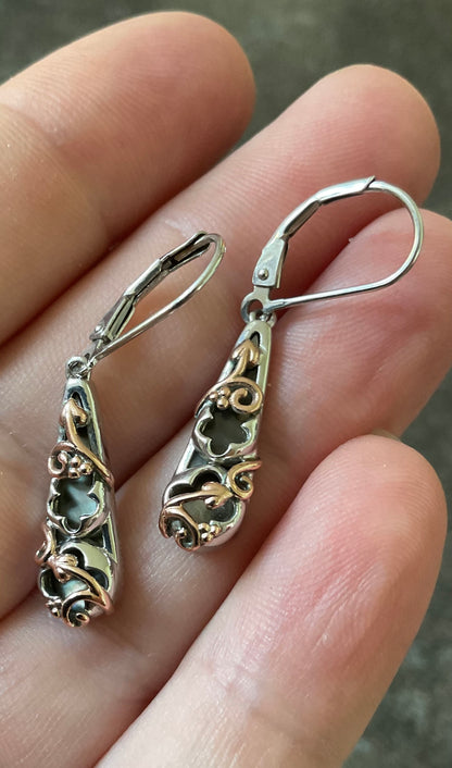 Clogau Tudor Court Black Mother of Pearl drop earrings in silver and rose gold