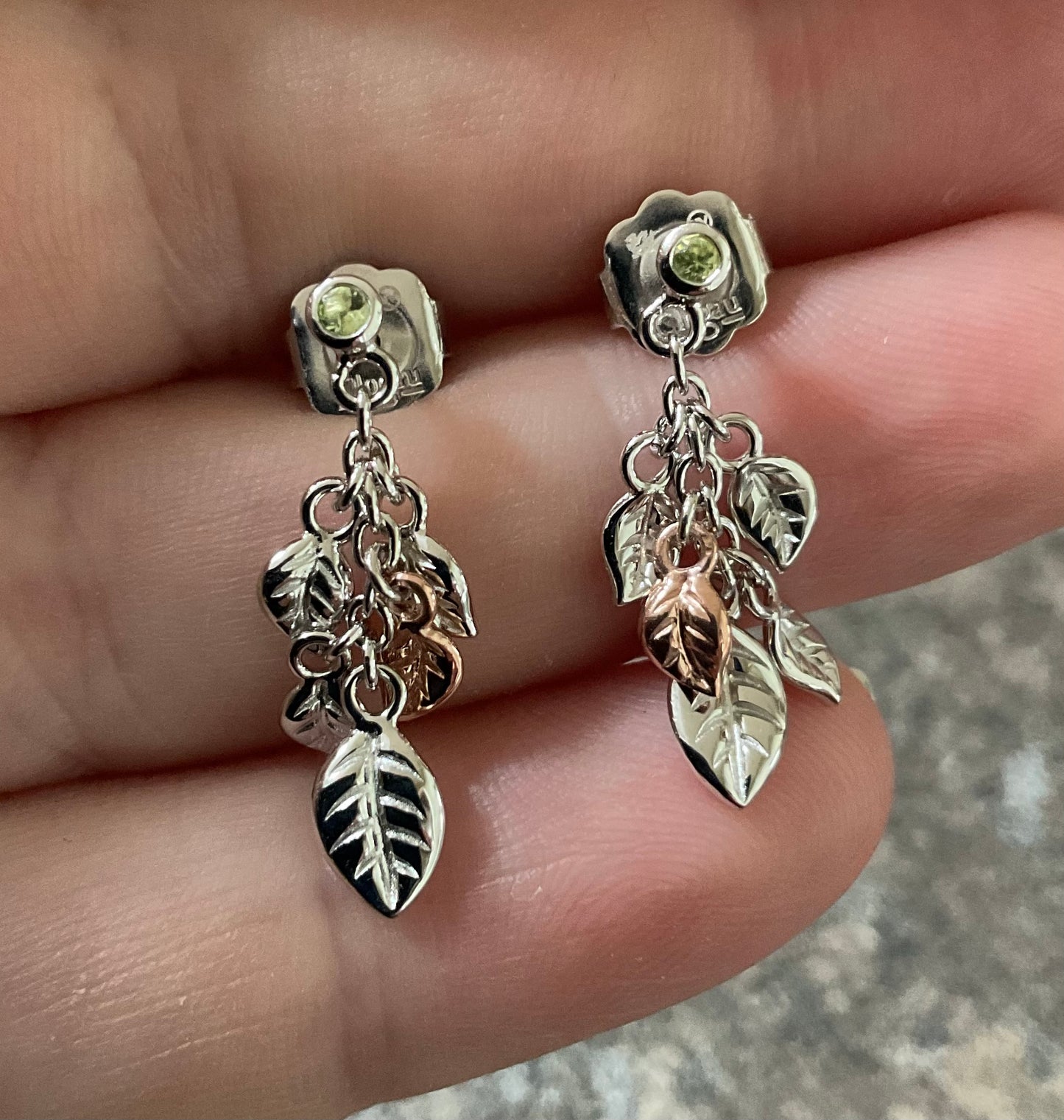 New! Clogau Awelon Peridot drop leaves earrings in silver and rose gold