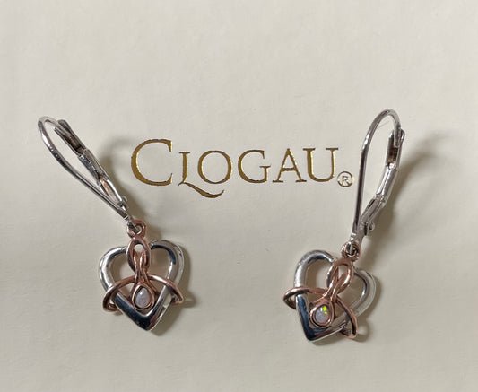 Clogau Forever Yours Dwynwen Opal heart drop lever back earrings in 925 silver and 9ct rose gold