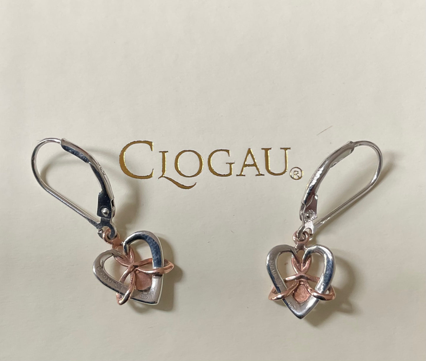 Clogau Forever Yours Dwynwen Opal heart drop lever back earrings in 925 silver and 9ct rose gold