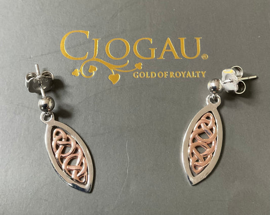 Clogau Queen Eleanor elliptical drop earrings in 925 sterling silver and 9ct rose gold