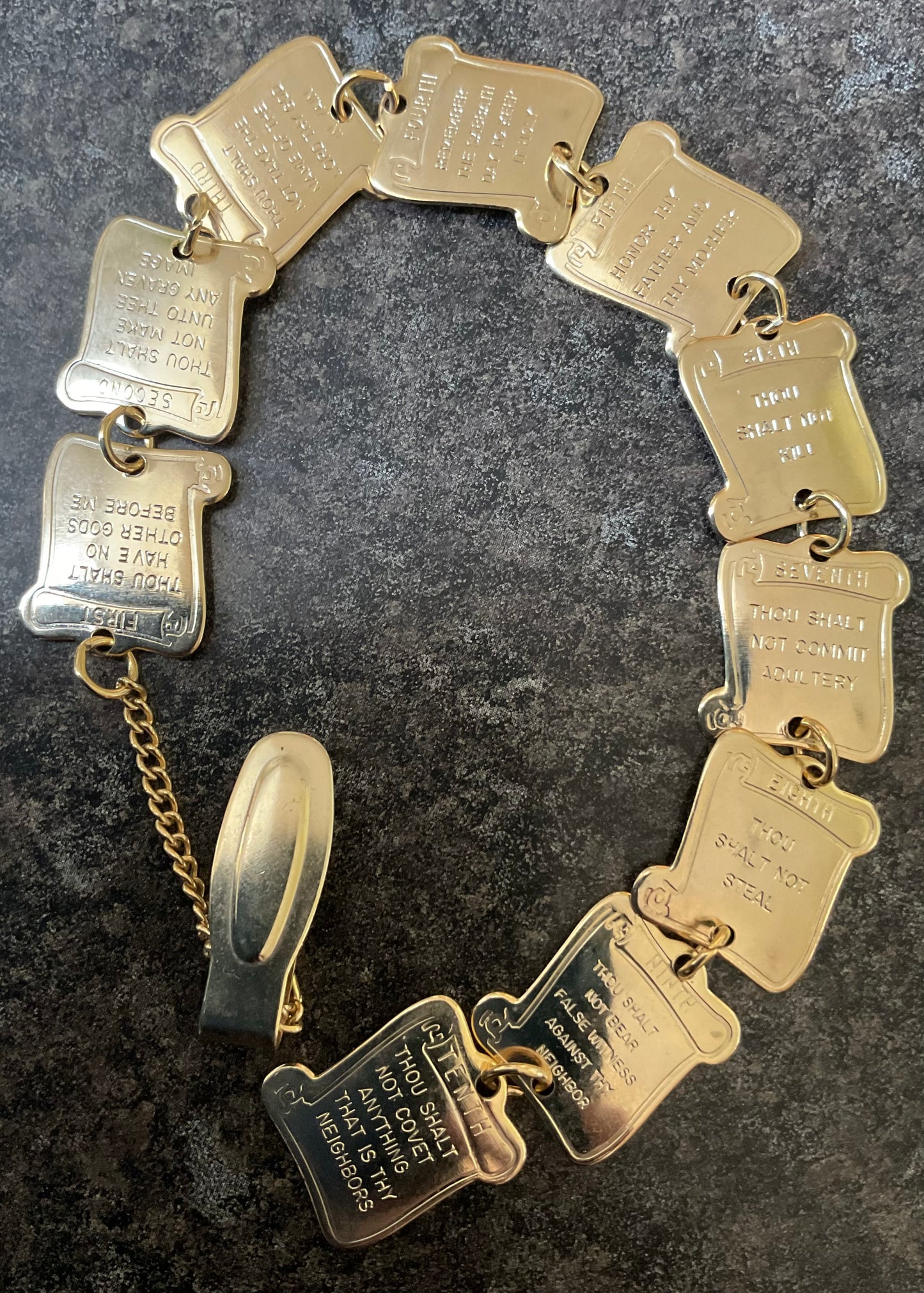 Vintage 10 Ten commandments gold tone pocket watch chain fob articulated religious jewellery