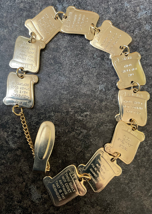 Vintage 10 Ten commandments gold tone pocket watch chain fob articulated religious jewellery