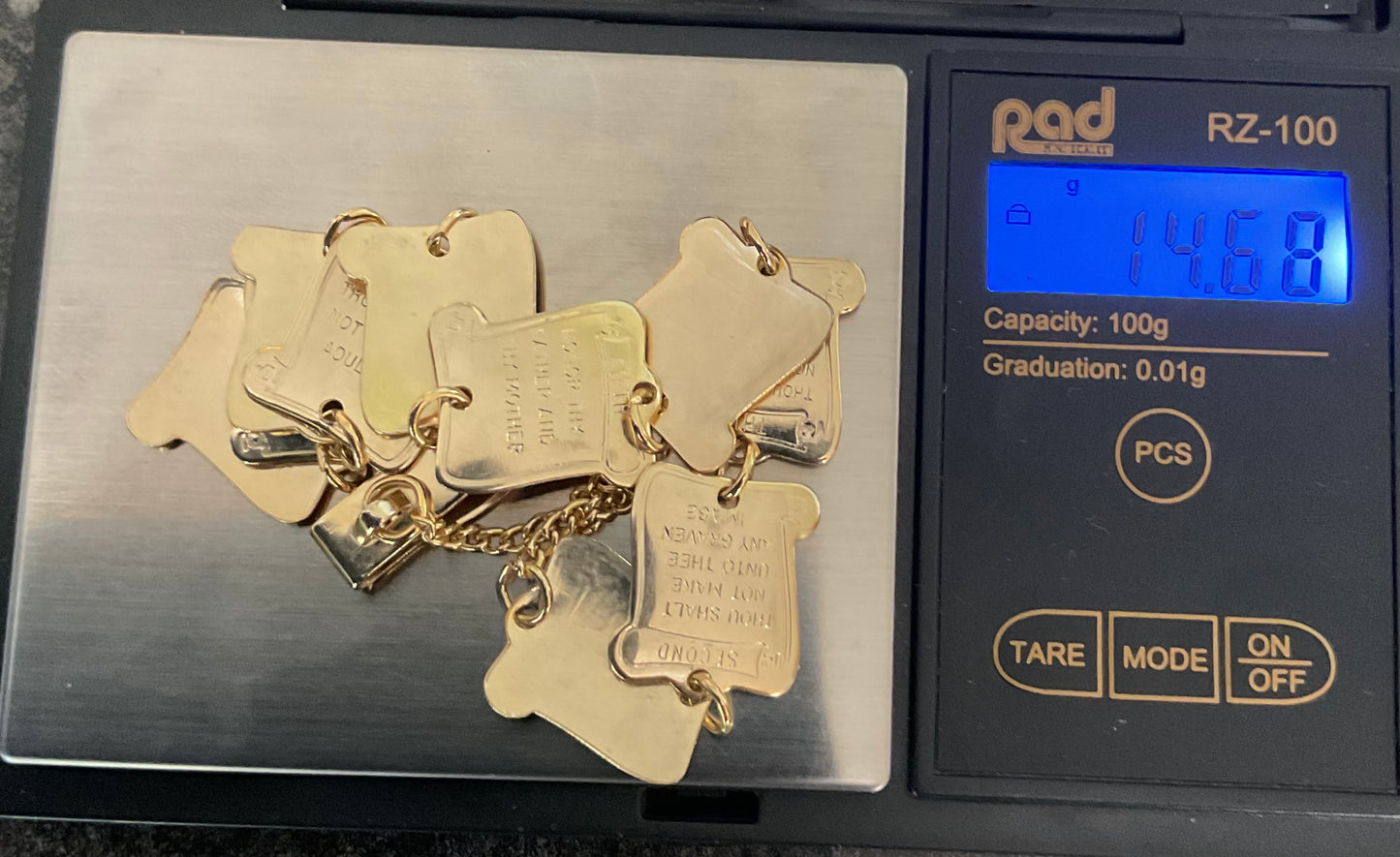 Vintage 10 Ten commandments gold tone pocket watch chain fob articulated religious jewellery