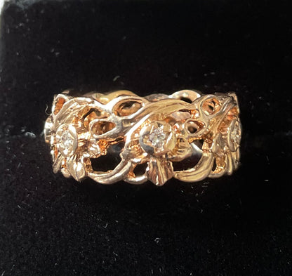 Vintage 14ct Stuart Devlin Welsh Gold Diamond Daffodil eternity ring size P from Franklin Mint