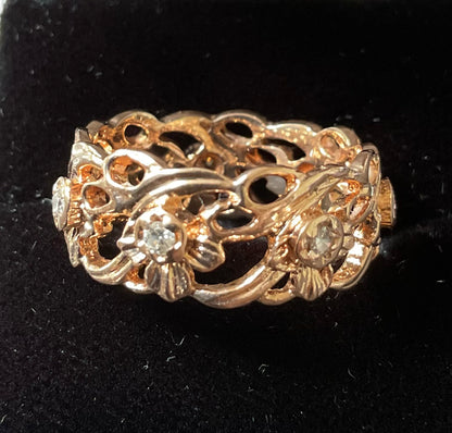Vintage 14ct Stuart Devlin Welsh Gold Diamond Daffodil eternity ring size P from Franklin Mint