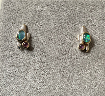 Clogau 9ct RARE Vintage Monet Water Lilies Opal and Amethyst cabochon stud earrings yellow and white gold