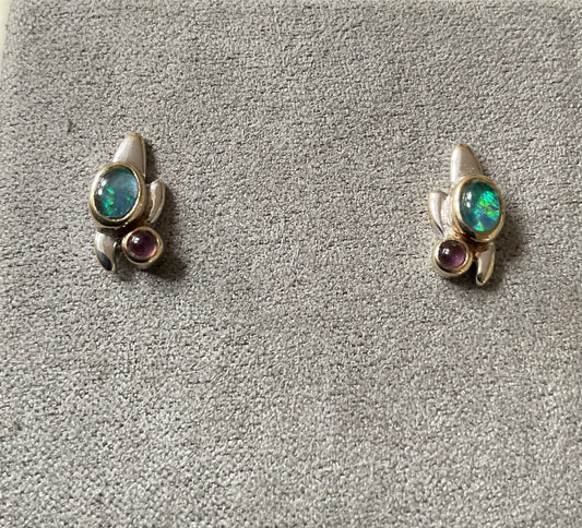 Clogau 9ct RARE Vintage Monet Water Lilies Opal and Amethyst cabochon stud earrings yellow and white gold