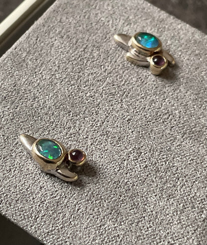 Clogau 9ct RARE Vintage Monet Water Lilies Opal and Amethyst cabochon stud earrings yellow and white gold