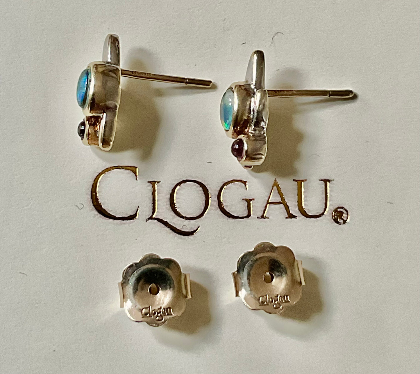 Clogau 9ct RARE Vintage Monet Water Lilies Opal and Amethyst cabochon stud earrings yellow and white gold