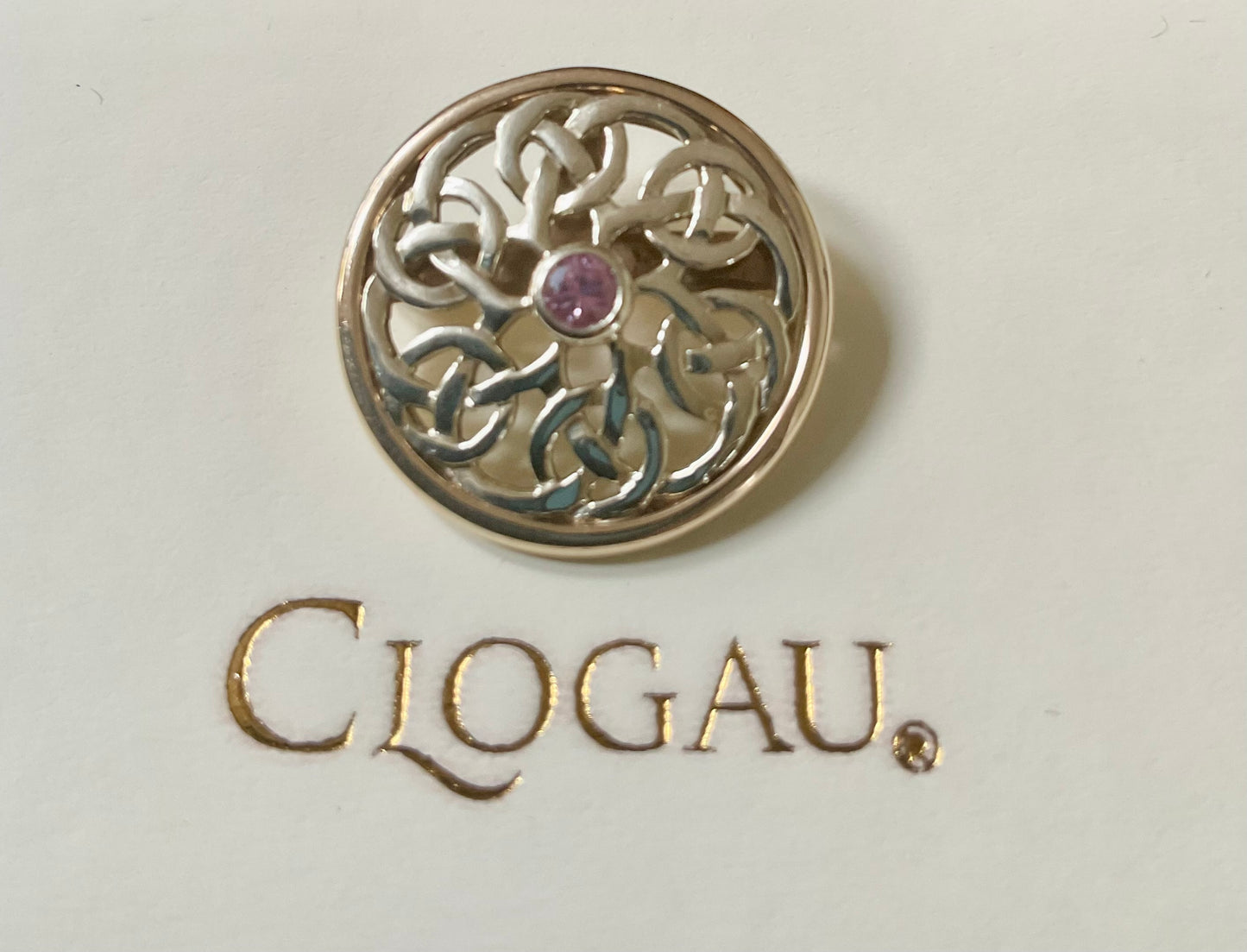 Vintage Rare Clogau 9ct Pink Sapphire Celtic Knot Moon gold small Brooch Pendant in white and yellow gold