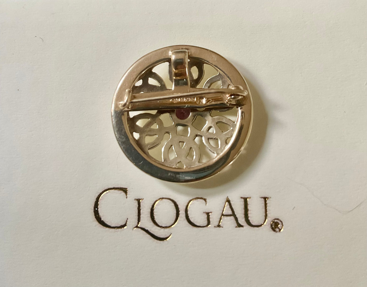 Vintage Rare Clogau 9ct Pink Sapphire Celtic Knot Moon gold small Brooch Pendant in white and yellow gold