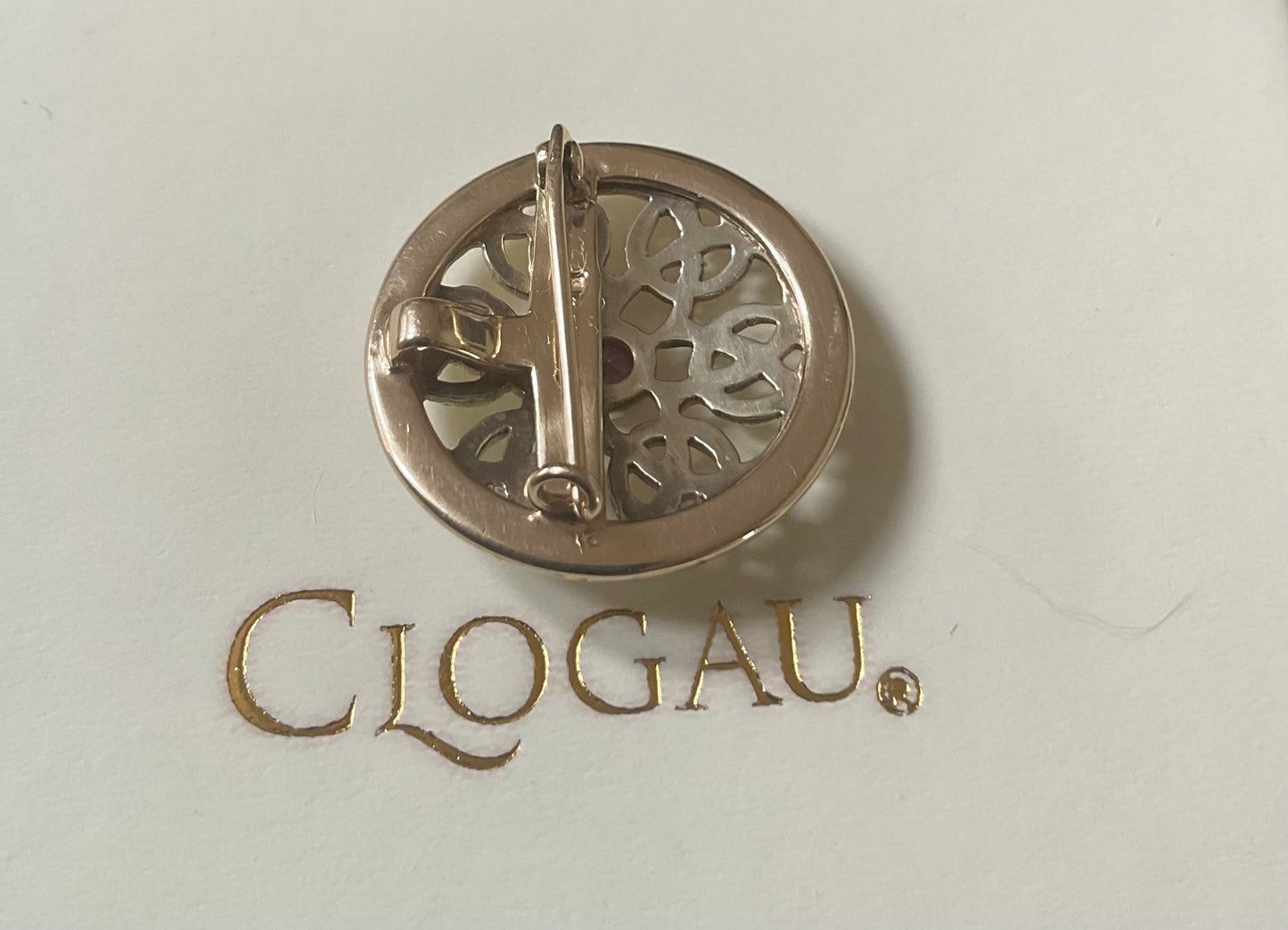 Vintage Rare Clogau 9ct Pink Sapphire Celtic Knot Moon gold small Brooch Pendant in white and yellow gold
