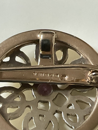 Vintage Rare Clogau 9ct Pink Sapphire Celtic Knot Moon gold small Brooch Pendant in white and yellow gold
