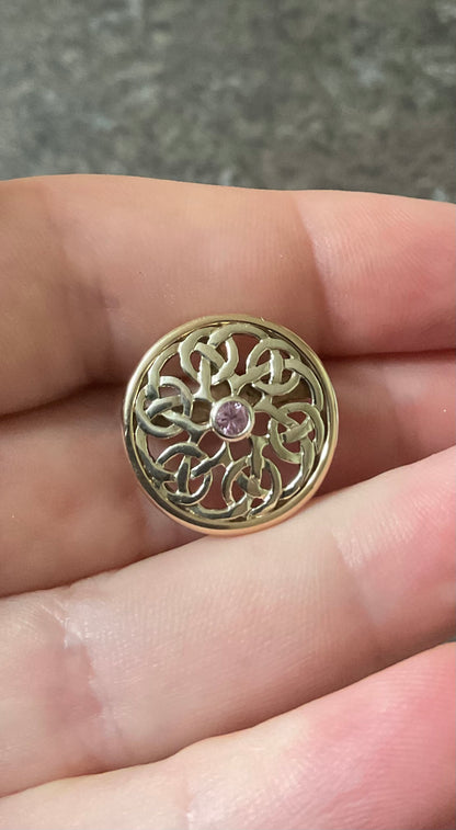 Vintage Rare Clogau 9ct Pink Sapphire Celtic Knot Moon gold small Brooch Pendant in white and yellow gold
