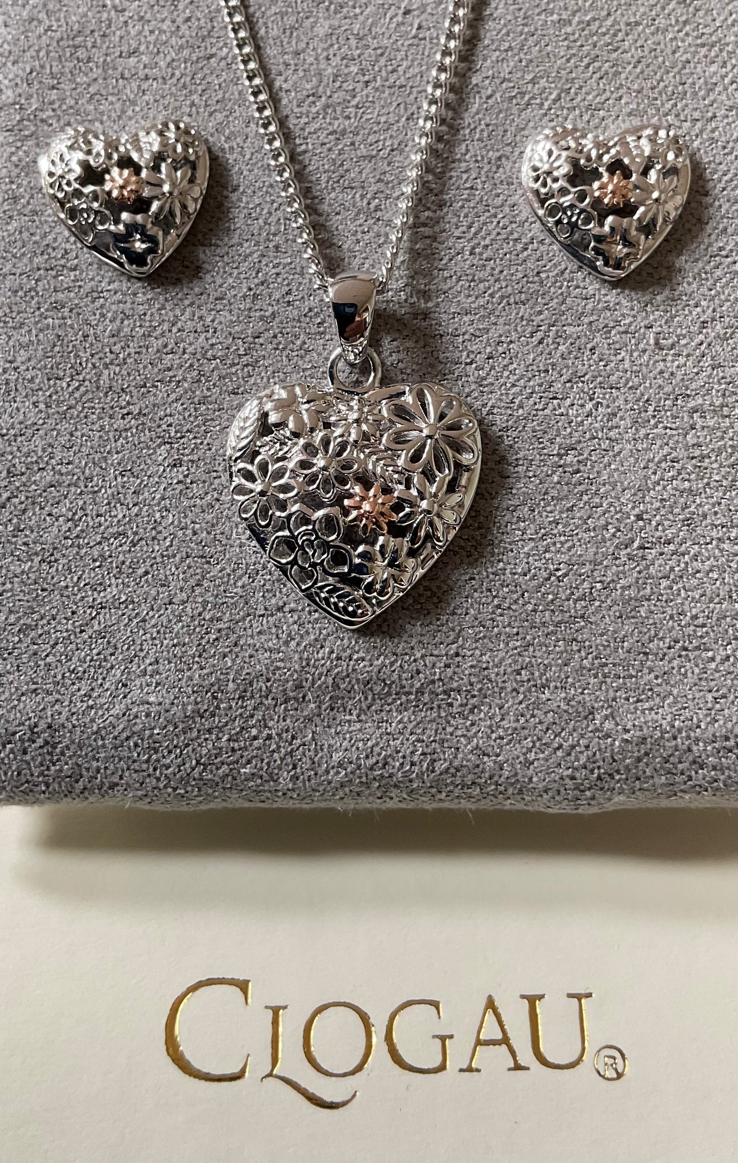 Clogau Floral Heart earrings and necklace set 16-18” Rare silver and rose gold