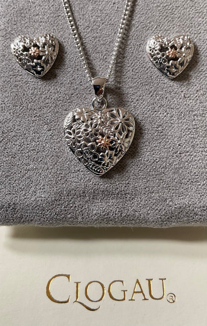 Clogau Floral Heart earrings and necklace set 16-18” Rare silver and rose gold