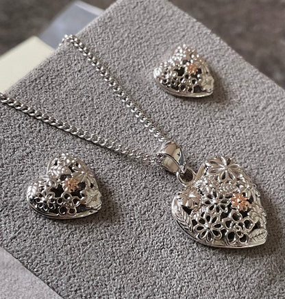 Clogau Floral Heart earrings and necklace set 16-18” Rare silver and rose gold