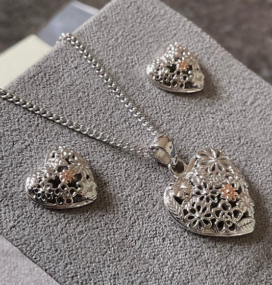 Clogau Floral Heart earrings and necklace set 16-18” Rare silver and rose gold