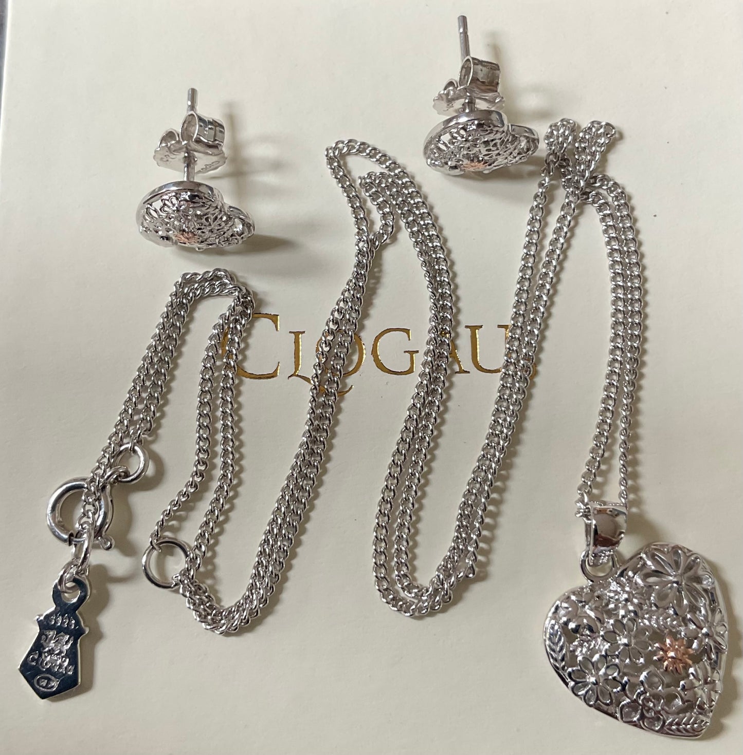 Clogau Floral Heart earrings and necklace set 16-18” Rare silver and rose gold